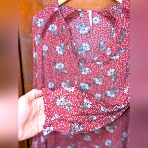 Free People Red Rust Floral Tunic Top Balloon Sleeve Ruffle Lace Anthropologie